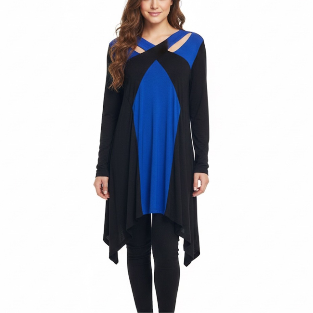Cupio Black & Blue Geometric Cutout Asymmetrical Long Sleeve Tunic XL